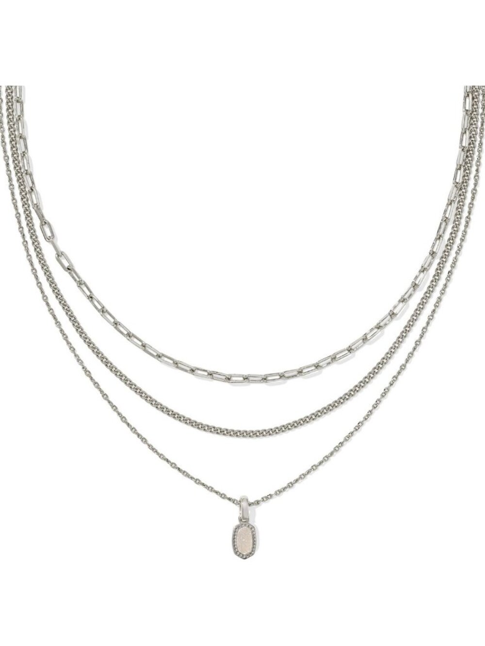 Iridescent Drusy Triple Strand Necklace, Rhodium-Plated Fashion Jewelry for